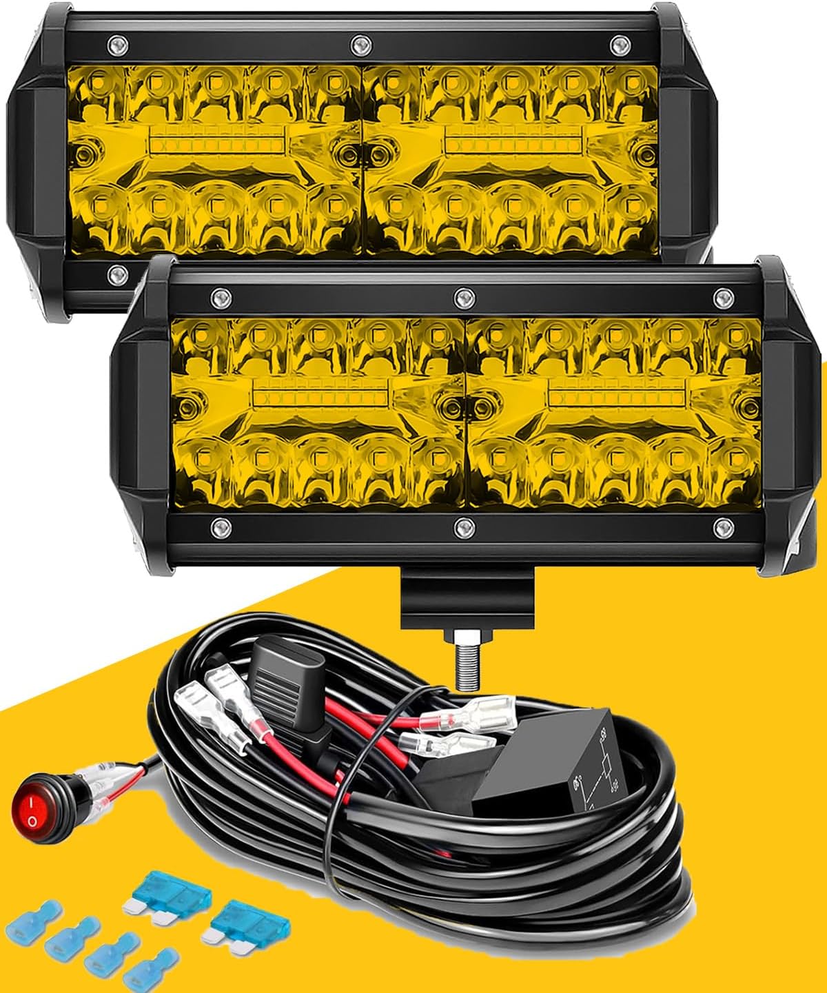 Yellow Fog Lights & 12V LED Light Bar: 7 Inch Amber Off Road Light Bar for Trucks, Waterproof with Plug & Play Wiring Harness | High Lumen Driving Kit for Jeep, ATV, Tractor