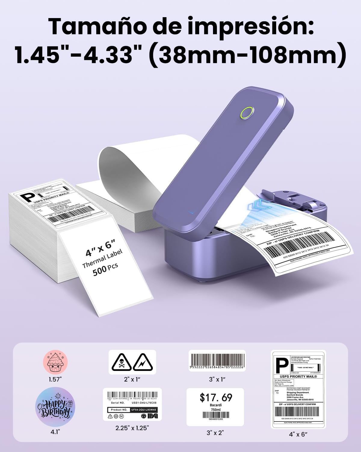 Imprimante Thermique Bluetooth Étiquettes 4x6, 203 DPI, Compatible Android iOS Windows Mac, pour Colis DHL Colissimo Vinted Shopify Amazon