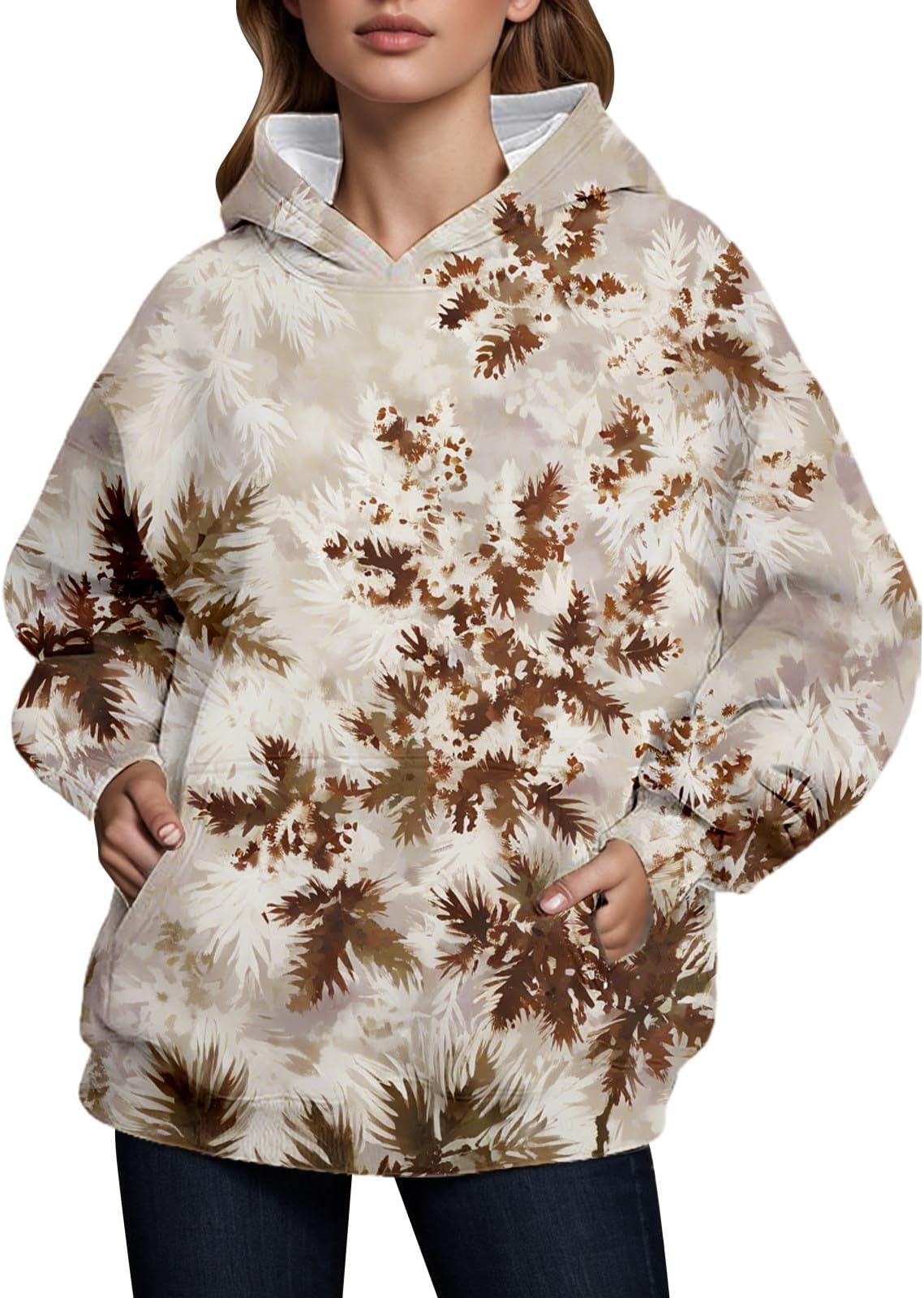 Camo Hoodies for Women Y2K Maple Leaf Print Retro Sweatshirts Trend Loose Fit Long Sleeve Fleece Pullover with Pocket