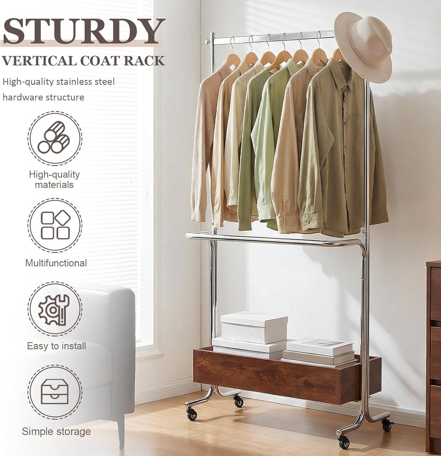 Small Clothes Rack With Wooden Storage Box Portable Rolling Wardrobe Rack Stainless Steel for Hanging Clothes Garment Wallets Hats