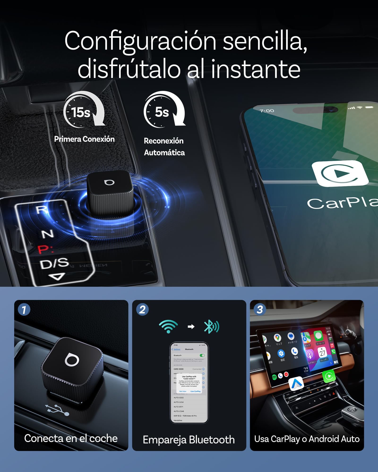 OTTOCAST Mini 3.0 Slim 2026 Upgrade Adaptador Wireless CarPlay, 2-en-1 para iPhone & Android Auto, Convierte CarPlay y Android Auto por Cable a inalámbrico, Negro