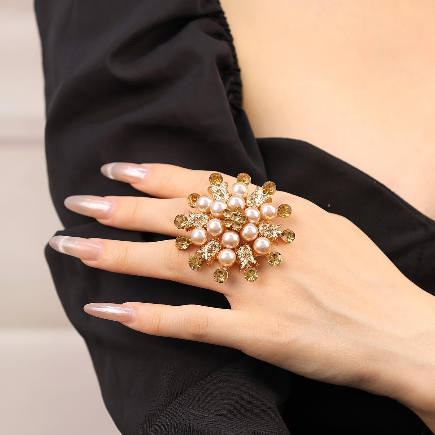 Elegant Big Crystal Ring for Women Gold Stacking Pearl Rhinestone Flower Rings Open Finger Adjustable Crystal Statement Ring Jewelry for Bridal Wedding - Image 3