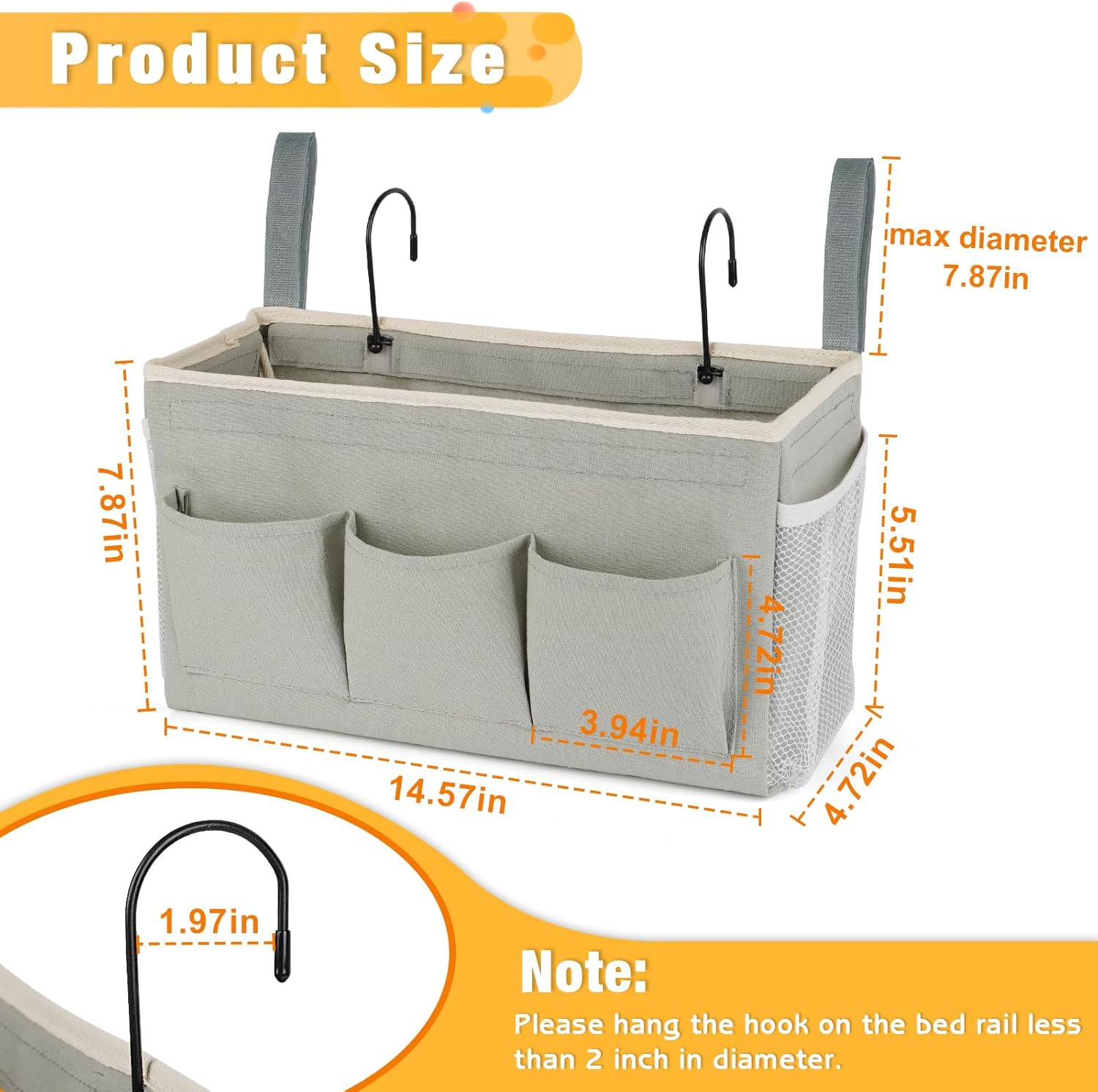 Bedside Storage Organizer with Fixed Straps and Water Bottle Holder for Home, College, Dorm, Bunk / Hospital Bed, Crib Bed Rails (Grey) - Image 3