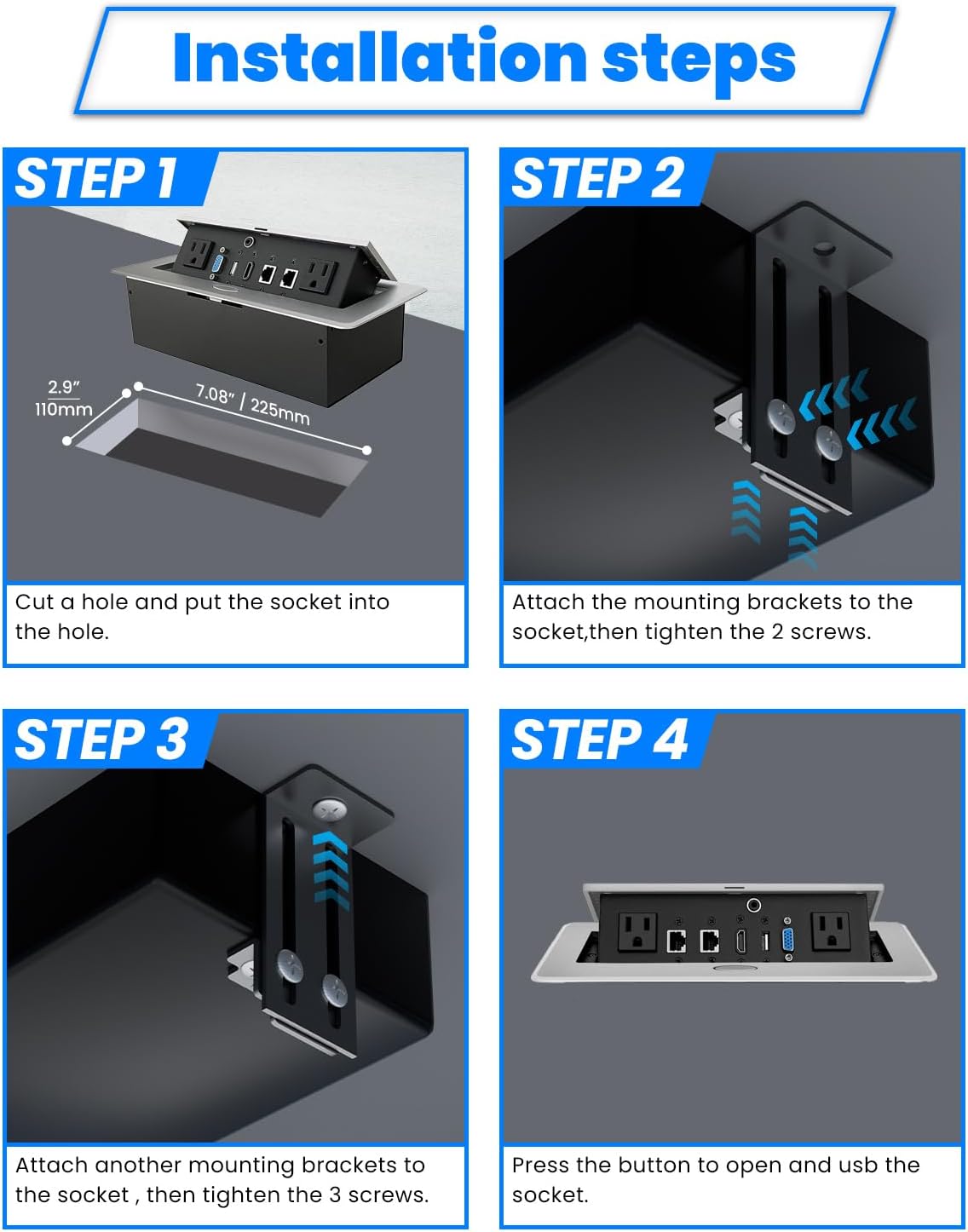 Table Pop up Power Strip Date Hub Connection Box with Outlet Network HDMI for Office Desk（Silver）