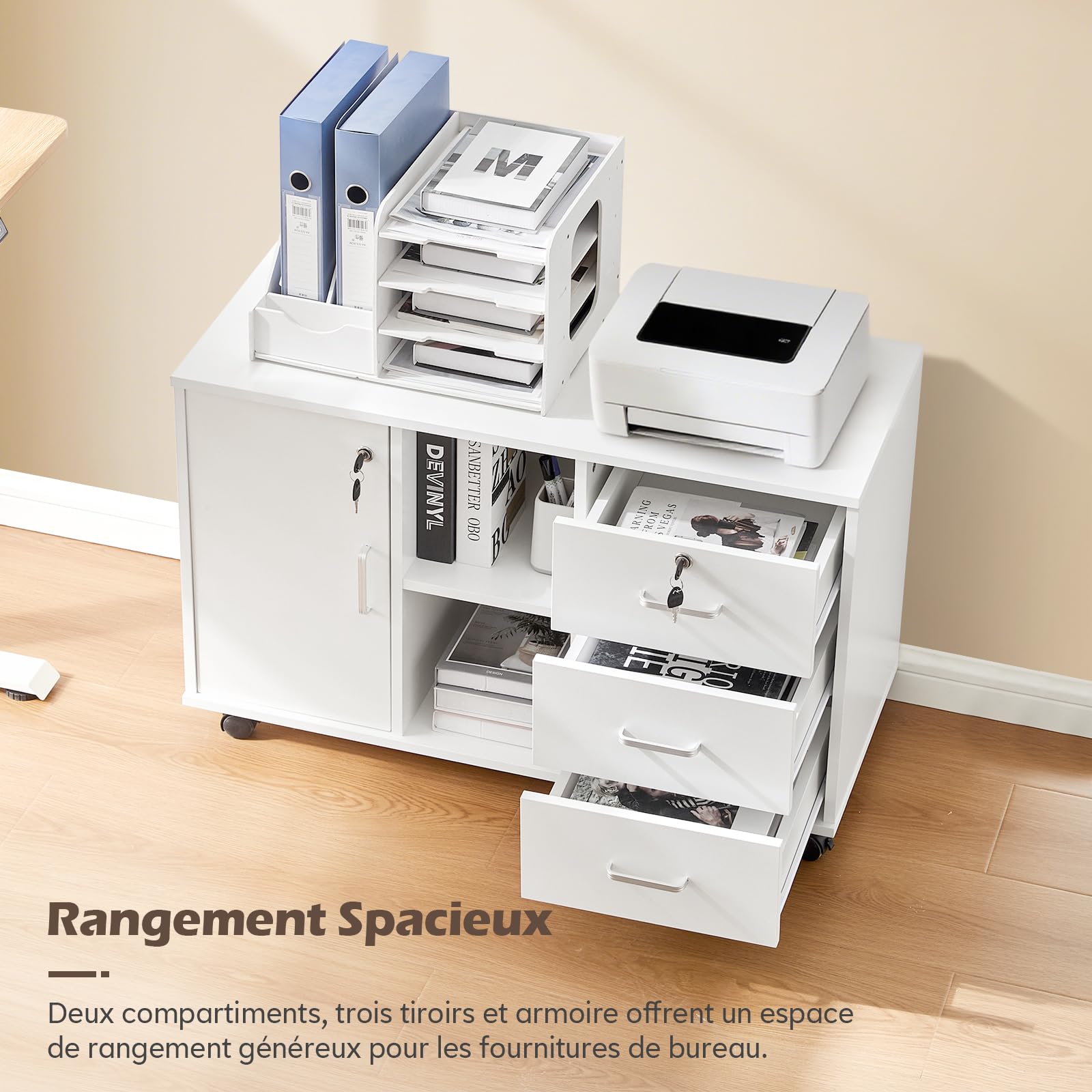 TUKAILAi Caisson de Bureau Rangement à 3 Tiroirs Verrouillables, Caisson Imprimante Mobile avec Roulettes, Armoires de Rangement avec Étagères Ouvertes pour Format A4 (Blanc)