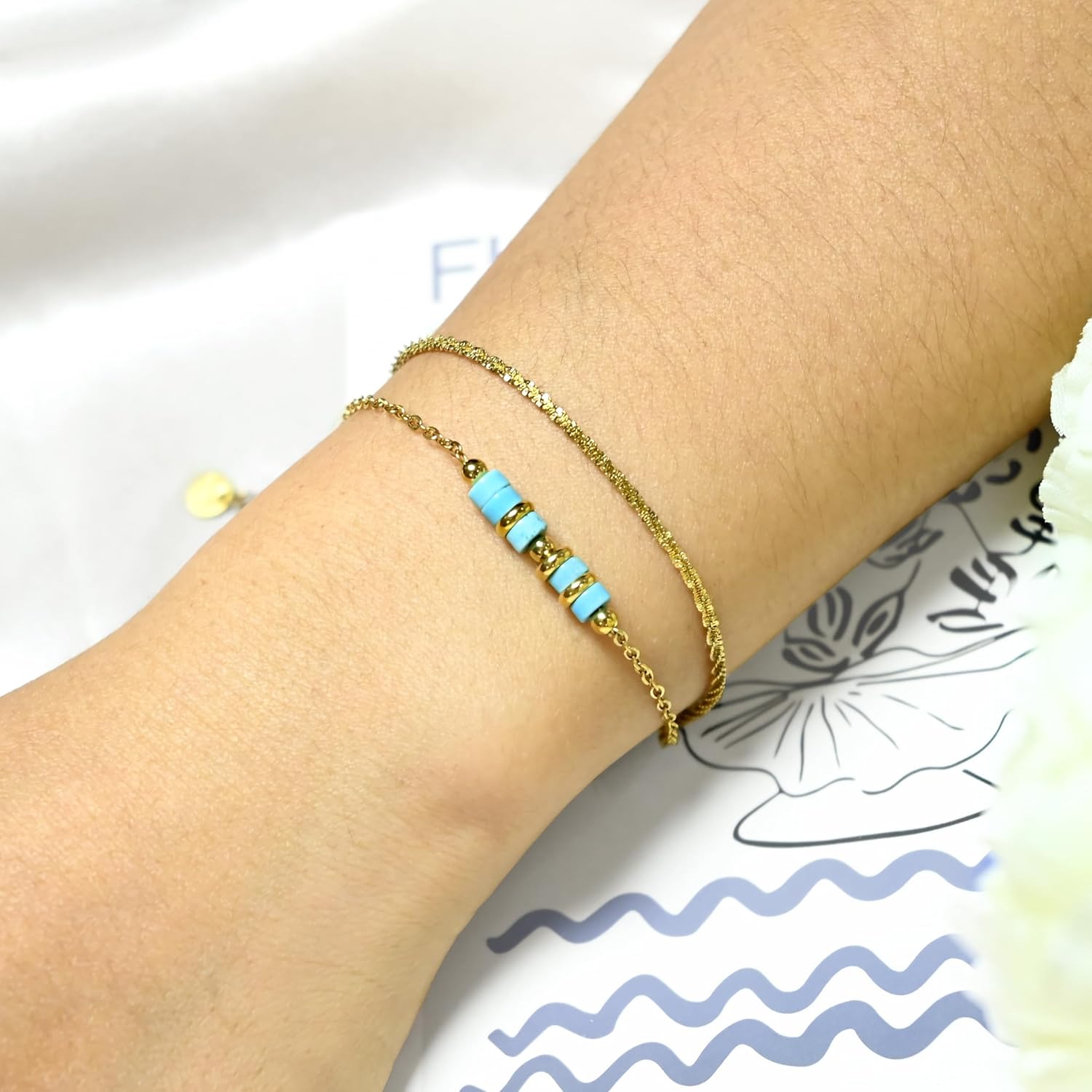 18K Gold Plated Stainless Steel Turquoise Bracelet for Women, Double Layer Boho Beaded Bracelet with Natural Stone, Adjustable Healing Crystal Jewelry, Gift for Her, Wife, Mother (Gold) - Image 2