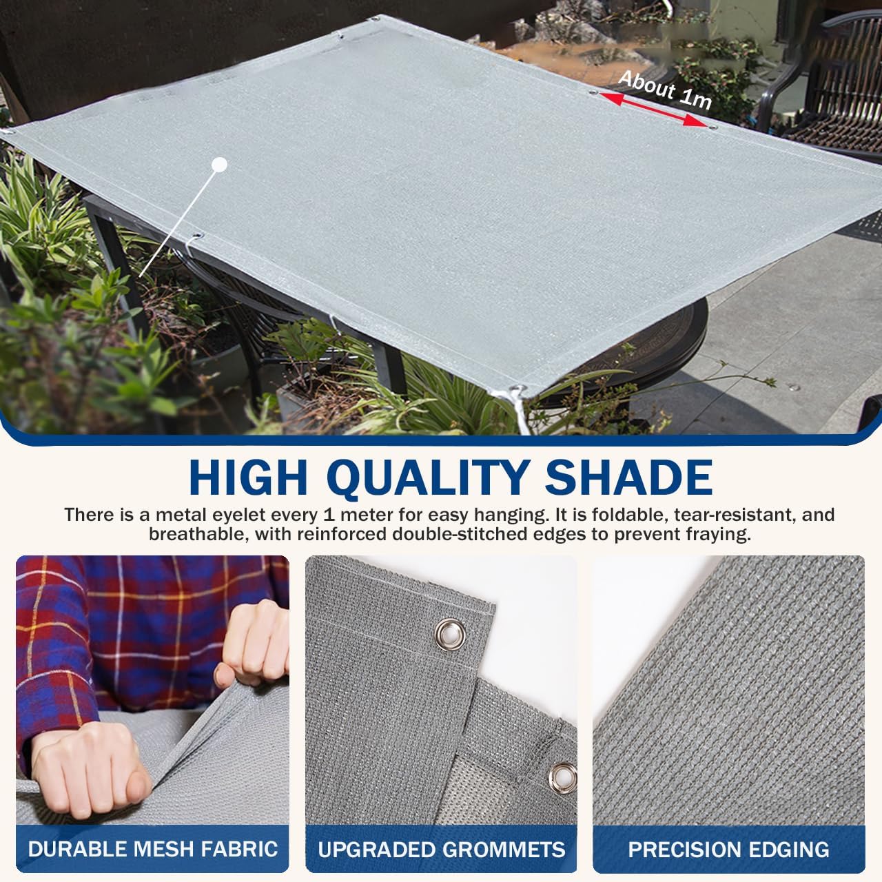Gray Shade Cloth with Grommets -1mx2.6m Durable Sunblock Shade Net 180gsm for Greenhouse, Pergola, Patio, Chicken Coop, and Garden Plants -90% Sun Protection