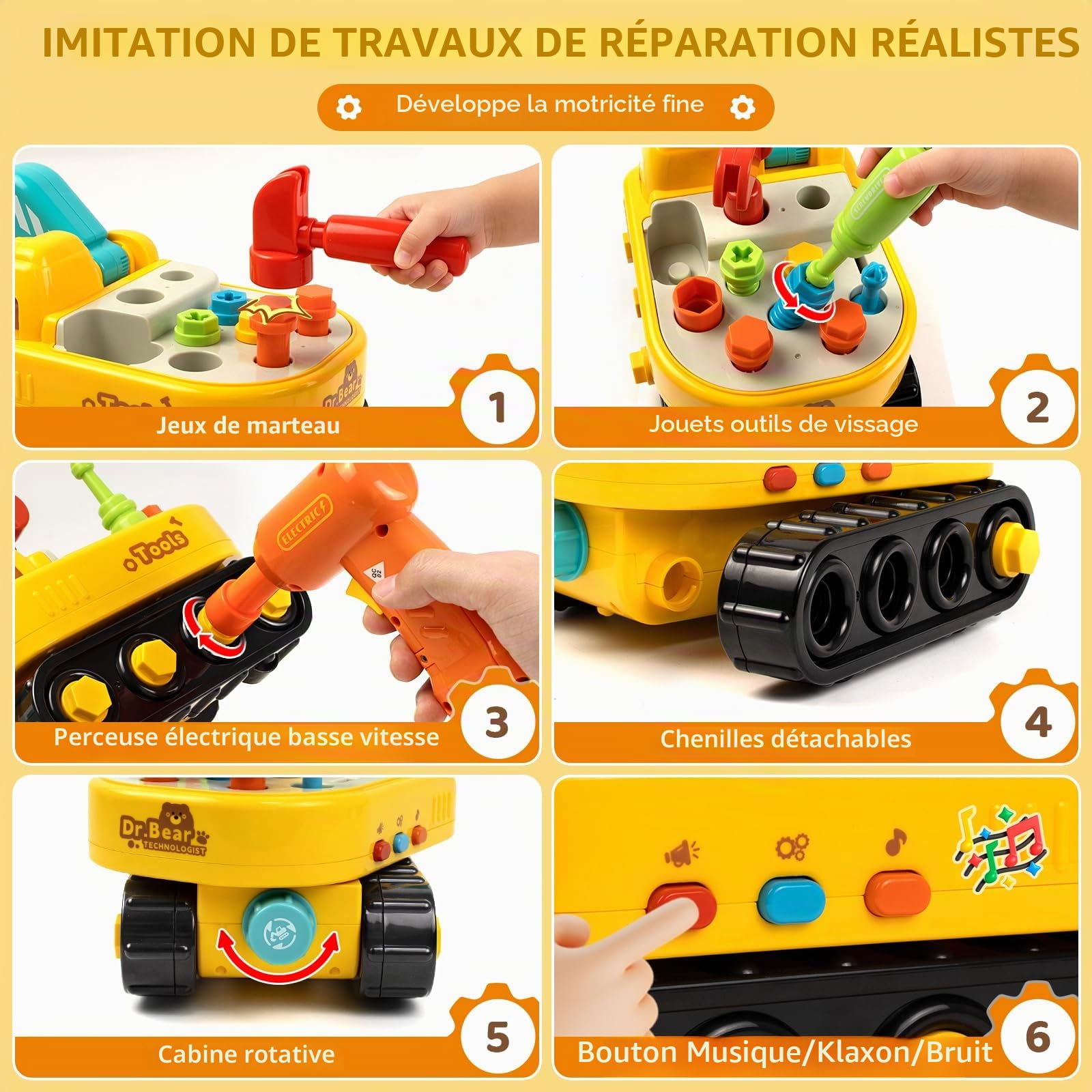 Marstone Jouet Enfant 2 Ans Garcon, Jouet Pelleteuse Électrique Montessori pour Enfants, avec Lumières et Musique, Jouet Éducatif à Visser 1 2 3Ans, Véhicule Chantier Interactif Garçons Filles