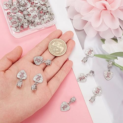 Miniatura 3 de OLYCRAFT 30 dijes de concientización sobre el cáncer de mama, colgantes de corazón rosa Robbin con cinta de esperanza, dijes colgantes de diamantes