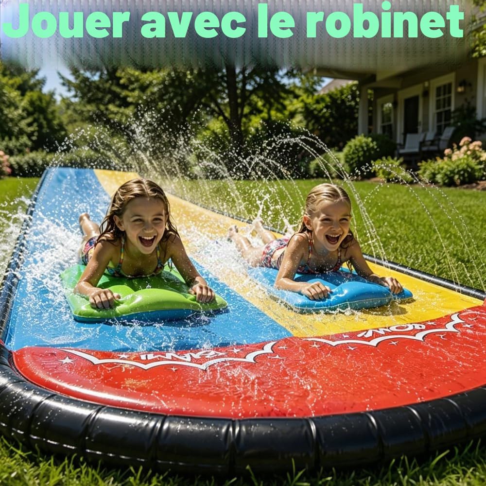 Double toboggan à l'eau jardin, toboggan à l'eau enfants en plein air avec 2 carrosseries, toboggan à l'eau gazon avec arroseur intégré, jouet d'été avec arroseur intégré pour jardin (480 * 140cm)