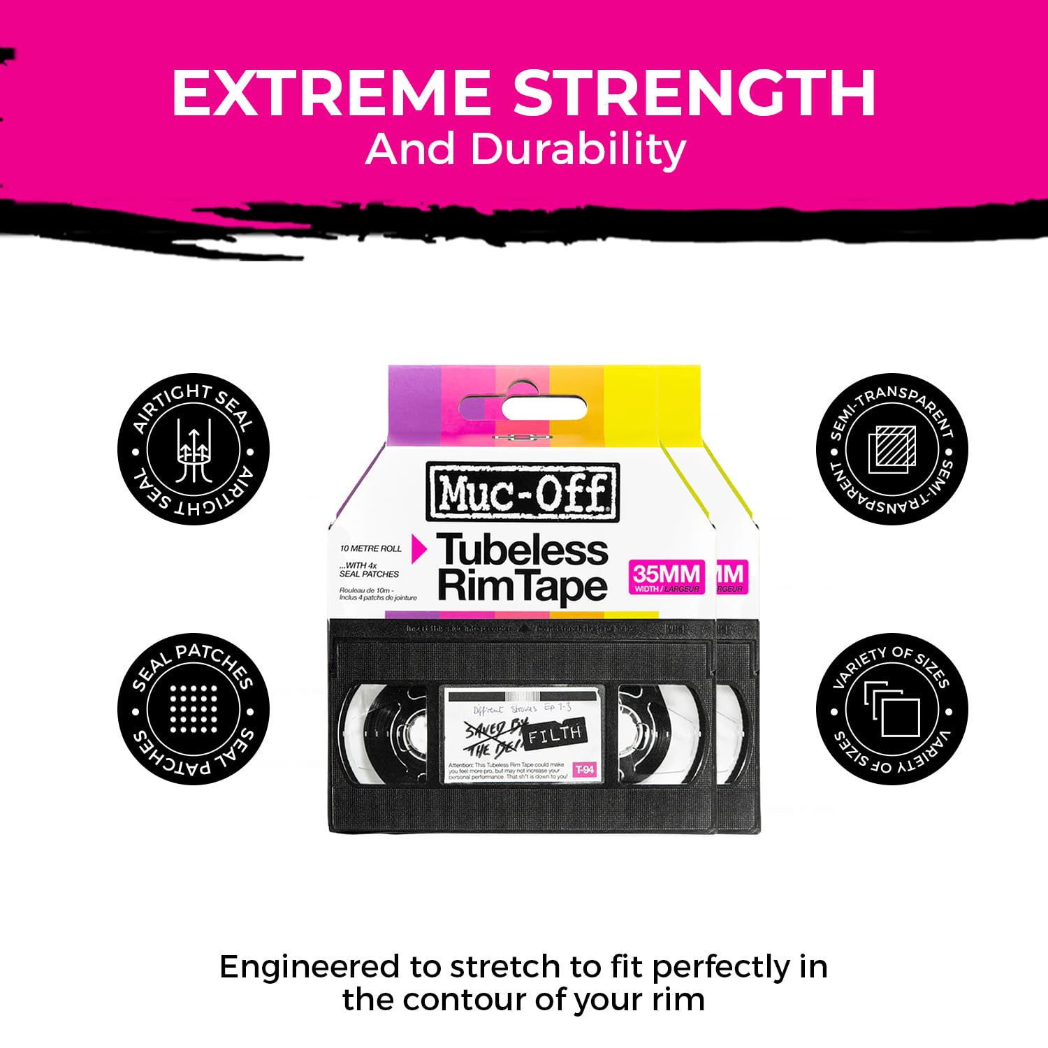 Muc-Off Tubeless Rim Tape 25mm (Pack of 2) - 10m Roll with 4X Seal Patches | Pressure-Sensitive Adhesive for Tubeless Bike Tyre Setups | Fits Road, CX, Gravel, MTB & Plus Rims