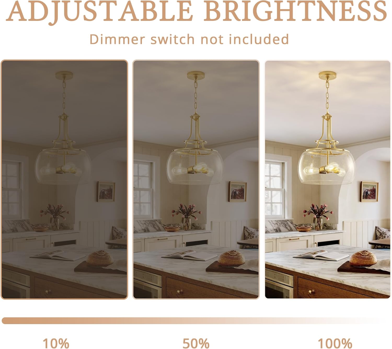 Industrial Round Chandelier Rustic Ceiling Light Fixture 3-Light Farmhouse Pendant Light with Seeded Glass Shade for Dining Room Hallway Entryway Kitchen Bedroom, Gold
