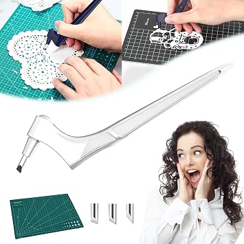 Craft Cutting Tool, Stainless Steel Cutter Pen, 360 Rotating Cutting Craft Tool with 15,30,45 Degree Engraving Head and Plate for Stencils Scrapbooks DIY Crafts White