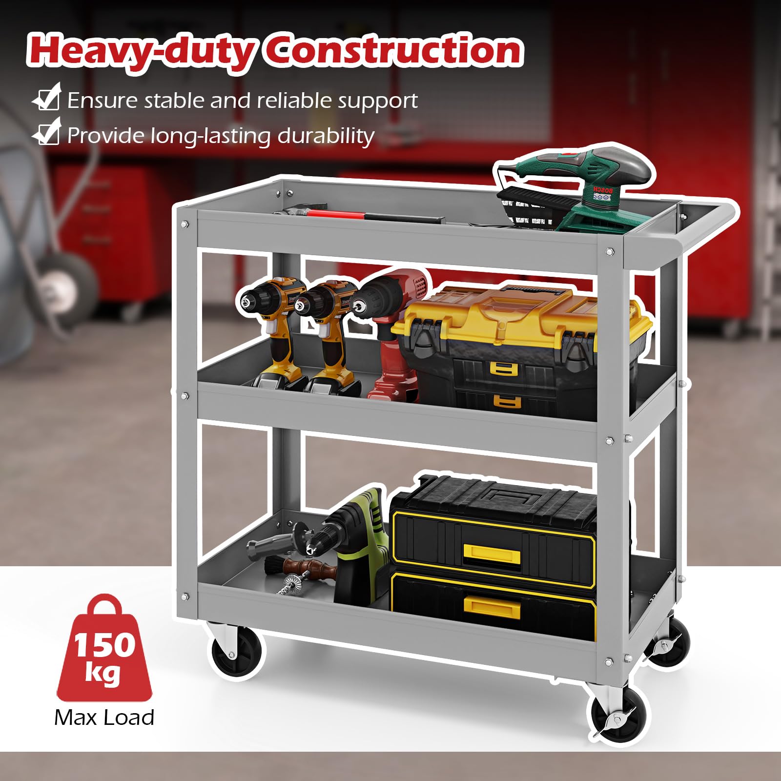 Carrito utilitario de 3 niveles con ruedas bloqueables y asa, perfecto para talleres de bricolaje, garajes y restaurantes. Solución versátil de almacenamiento de herramientas