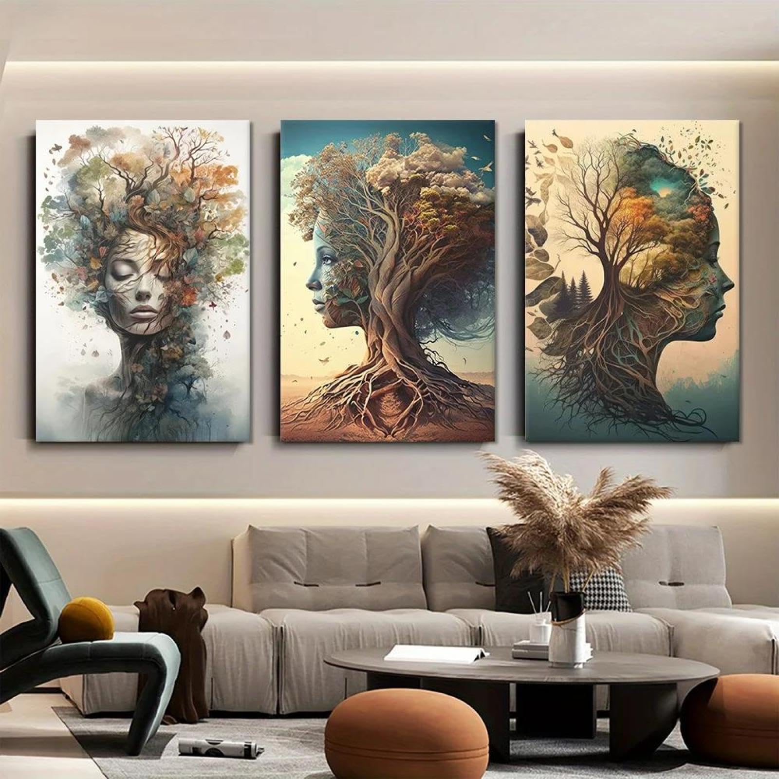 Baibexing Abstract Surrealism Tree Woman Face Wall Art Print Canvas Painting Poster Picture For Living Room Home Decor 30X40Cmx3Pcs Unframed