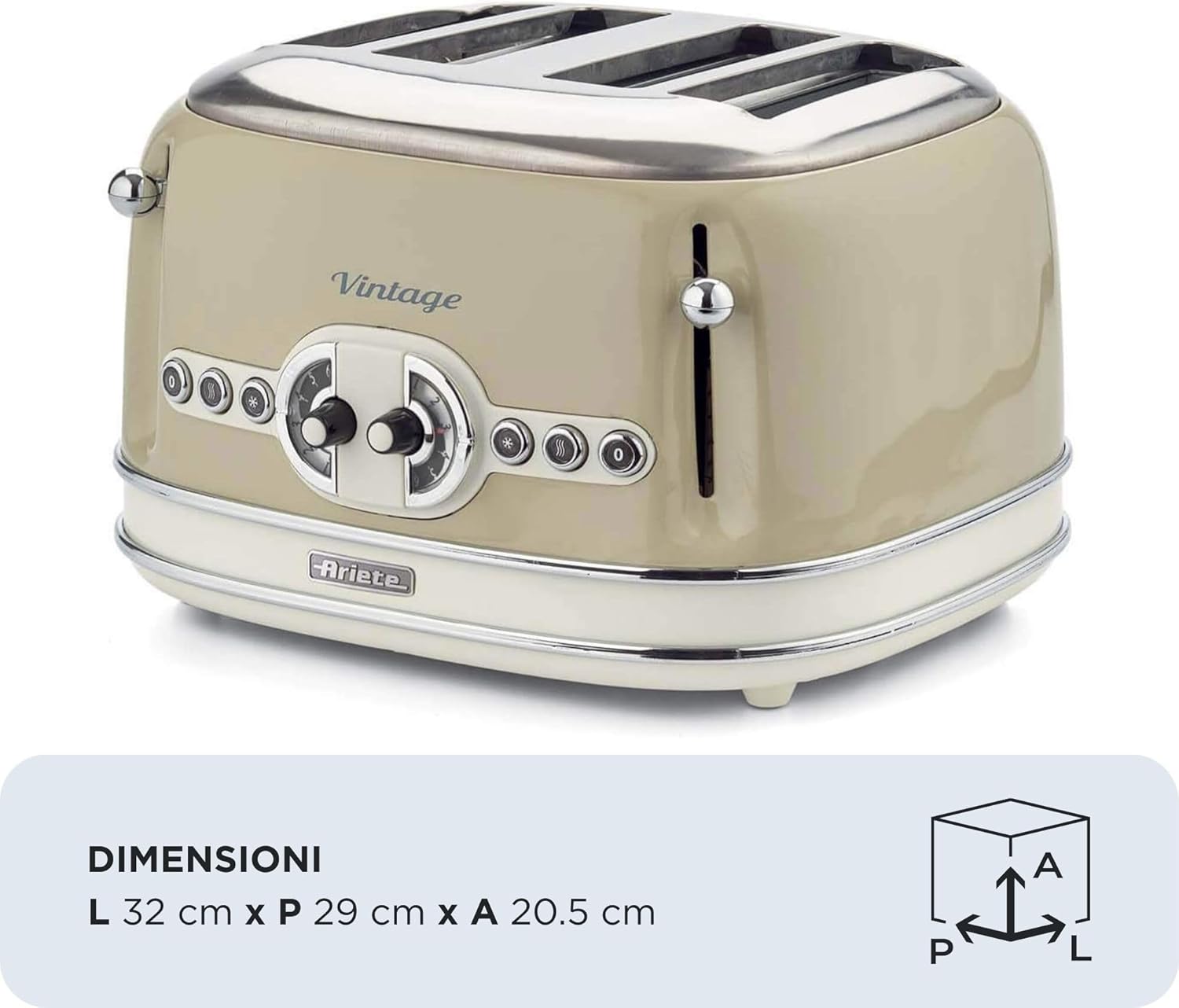 Ariete 0156 Vintage Toaster 4 Slice 6 Level Separate 2x2 Slices Control Self Centering Function with Removable Crumb Tray, Cool Touch Sides, and Defrosting, Beige