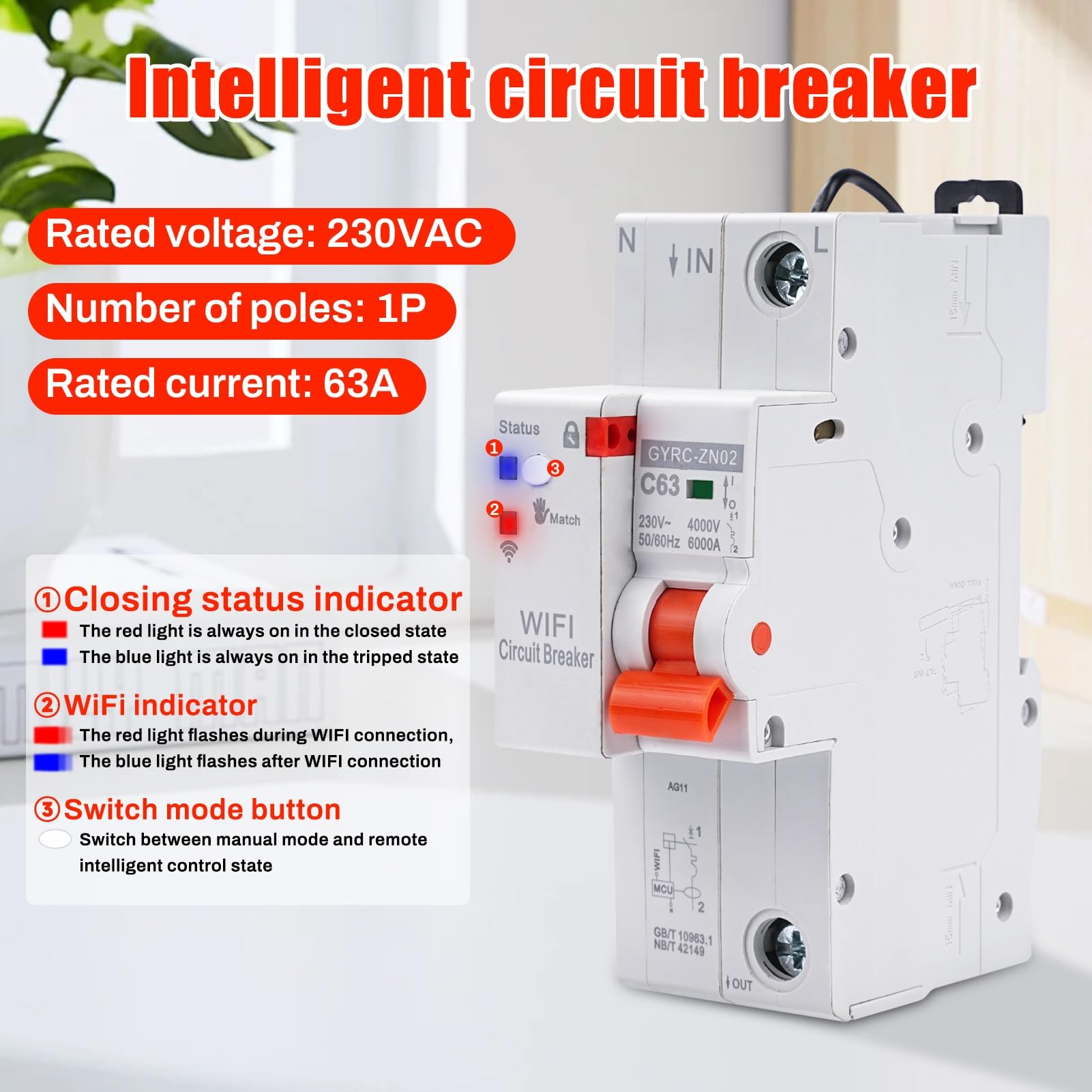 Jadeshay Salvavita con Riarmo Automatico 1P 63A 230V Interruttore Magnetotermico Automatico Timer Relè con Protezione Sovratensione Sottotensione e Sovraccarico,Controllo Remoto Tramite Tuya APP WiFi