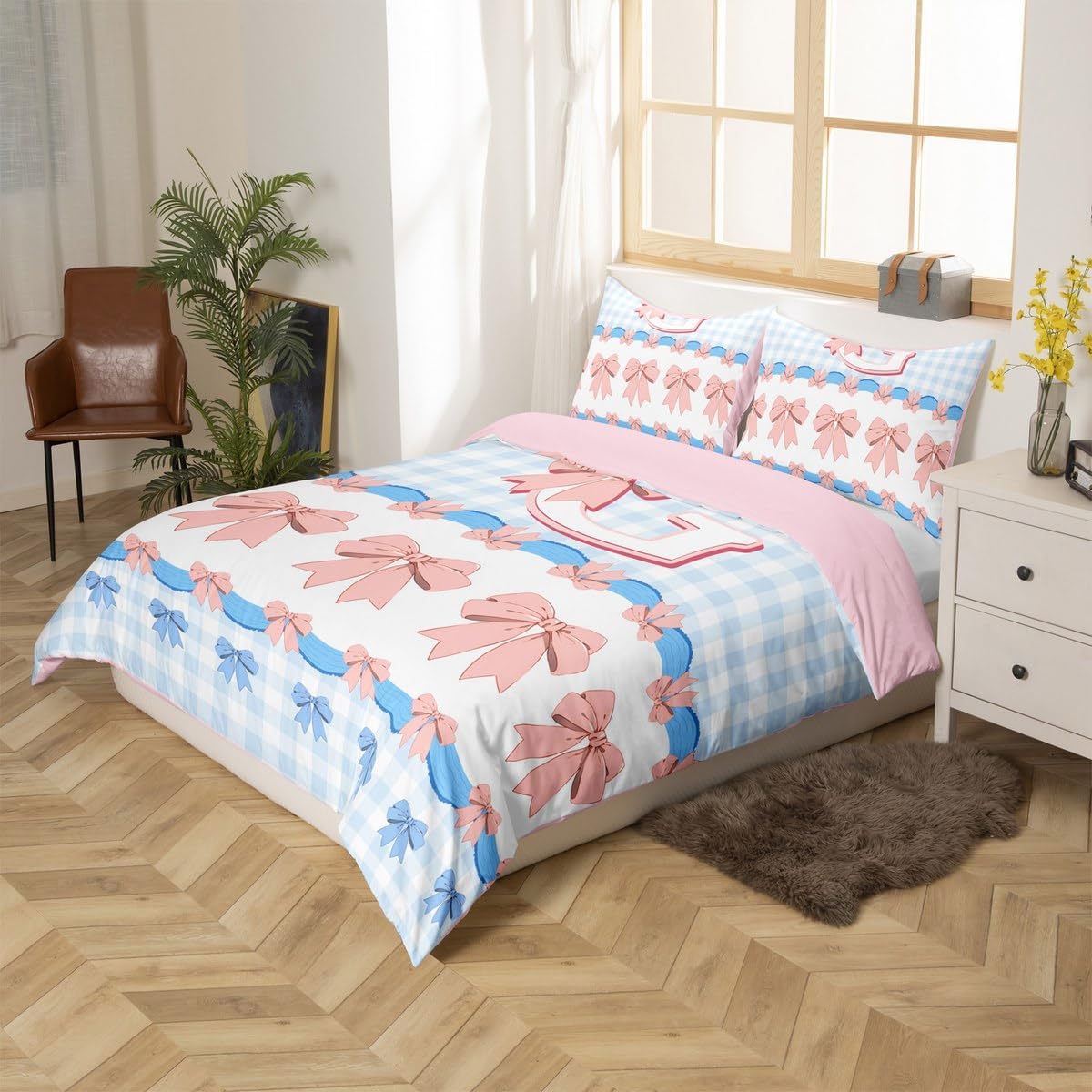 Lovely Bowknot Duvet Cover Set Toddler Size,Personalized Initial G Print Reversible Quilt Cover for Kids Boys Girls English Letter Pink Blue Bow Tie Bedding Set with 1 Pillowcase,No Comforter