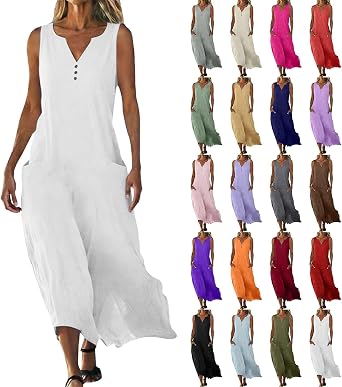 Linen Dresses for Women 2026 Summer Beach Sleeveless Flowy Loose Maxi Sundress V Neck Button Down Cotton Gauze Dress