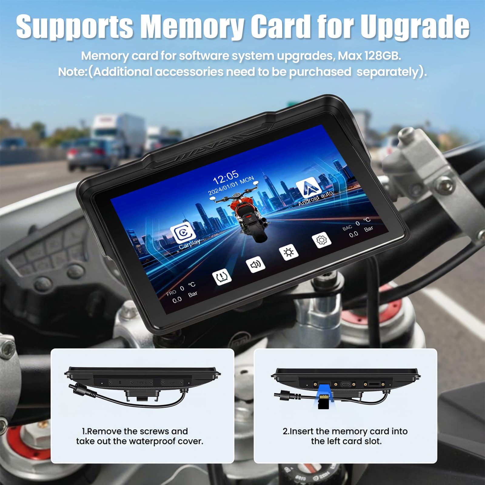 SIXTOP Pantalla Moto 7 Pulgadas, Carplay y Android Auto Inalámbrico para Motocicletas con Soporte Desmontable, Bluetooth, IP67 Impermeable, Control por Voz Siri