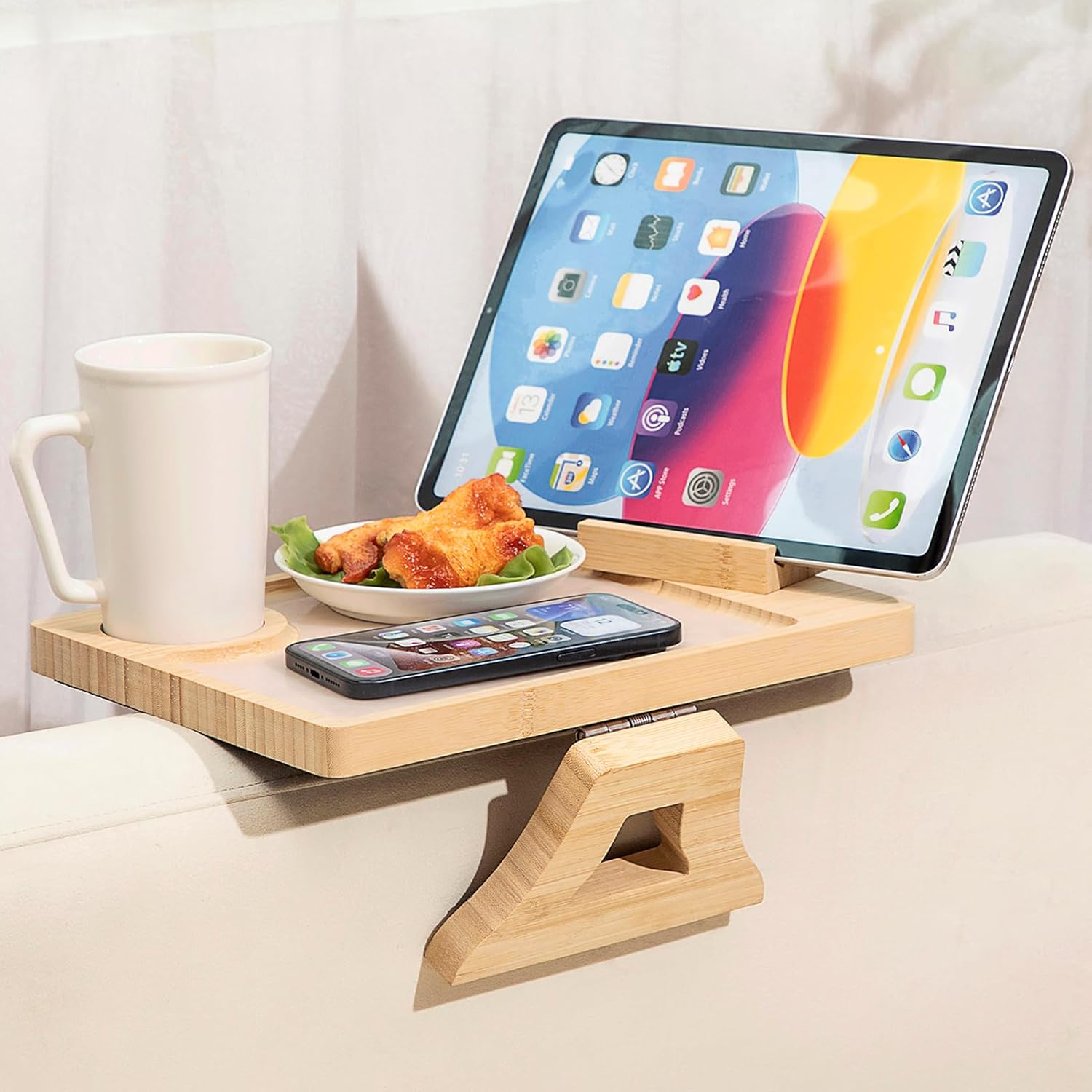 Bamboo Sofa Clip on Side Table for Wide Couches Arm, Foldable Couch Arm Table with 360 Rotating Slot Width 0.04 inches Phone Holder and Washable Silicone Pad, Sofa Arm Tray for TV Dinners, Remotes
