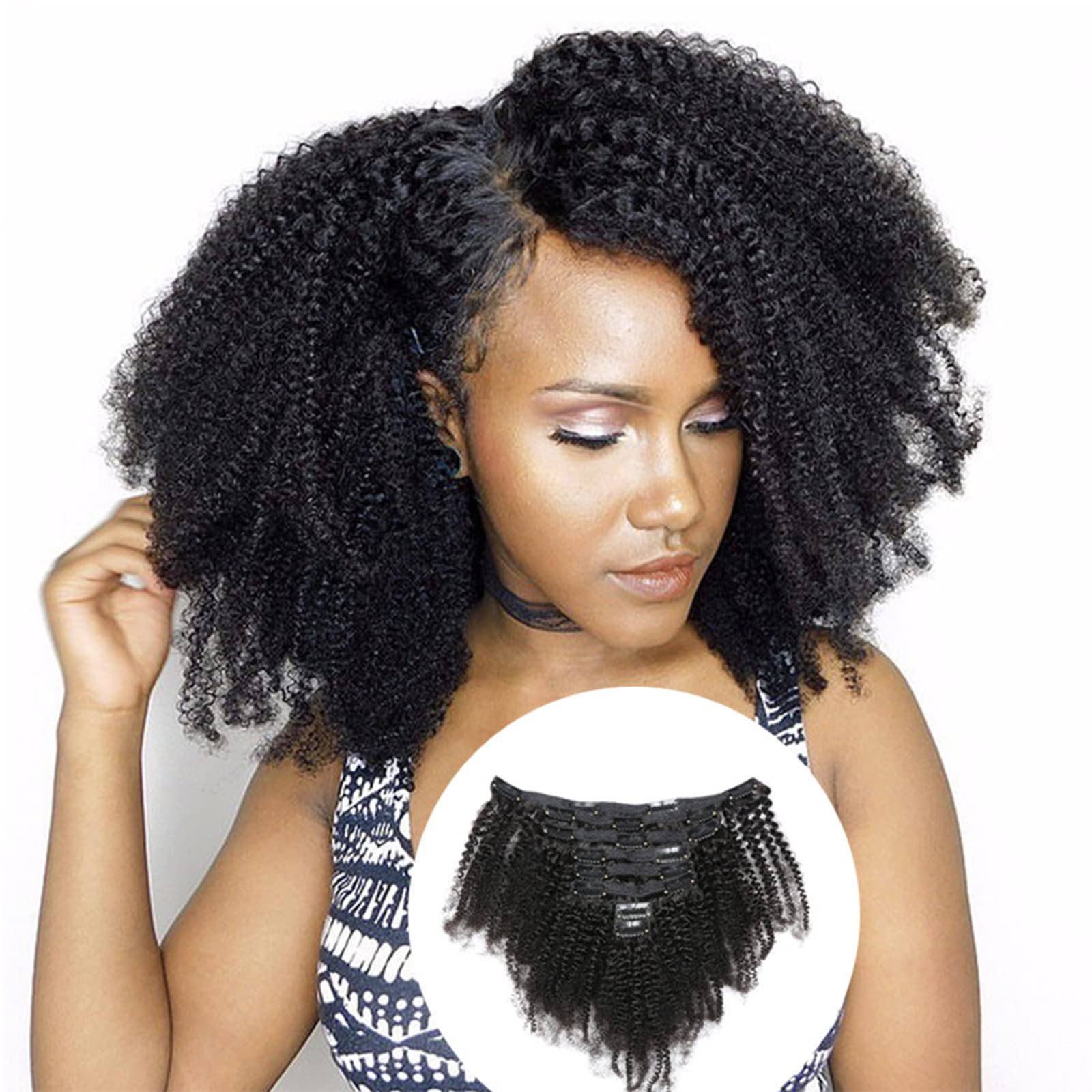 Clip-in-Haarverlängerungen aus Echthaar, Afro Kinky Curly, Natürliche Farbe, 8 Stücke, 115–120 g, 18 zoll (45 cm)