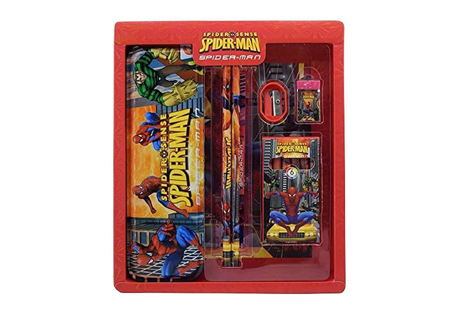 SUDRAM SPI-derman Stationery Kit Set for Boys, Stationery for School, Red Color Pencil Eraser Pencil Case Scale Sharpener Crayons and Gift Set (Multi Color � 7 in 1 Set) (Spid-erman)