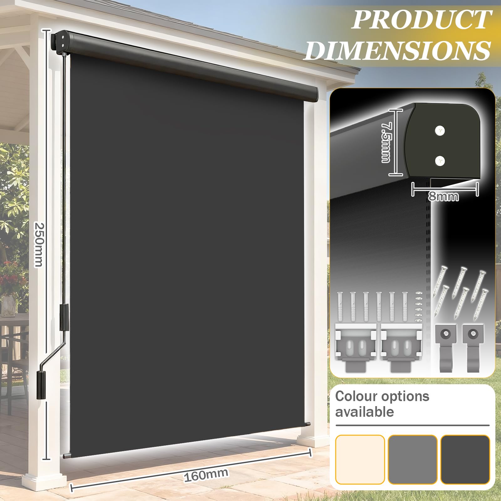 Verdego Toldo vertical exterior 160 x 250 cm, estor de protección solar exterior con manivela, protección visual, protección contra el viento, caja de toldo de aluminio, toldo vertical para balcón