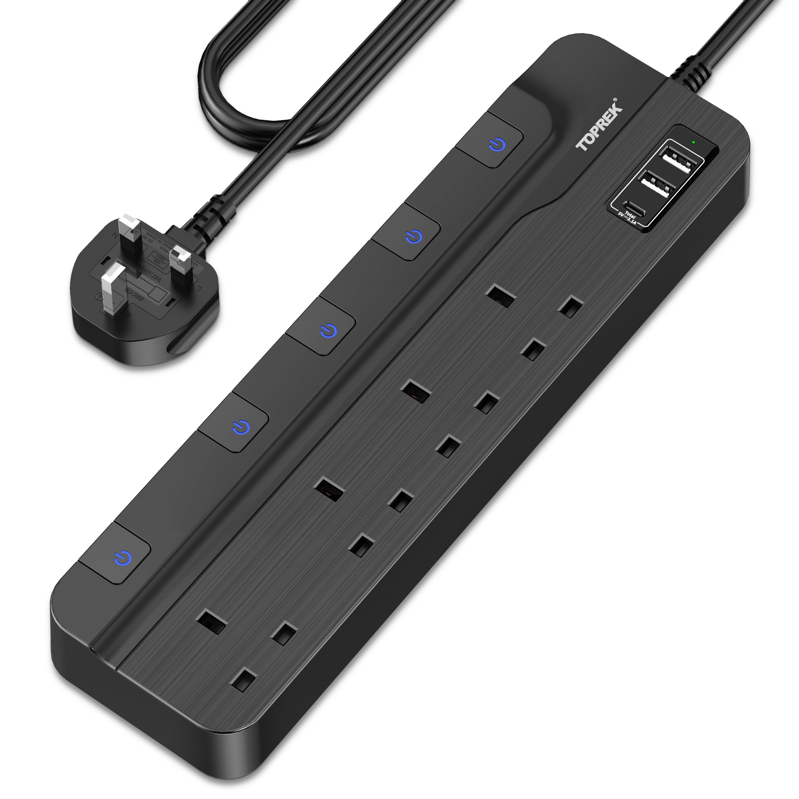 TOPREK 4 Plug Extension Lead, Plug Extension Socket Individual Switches