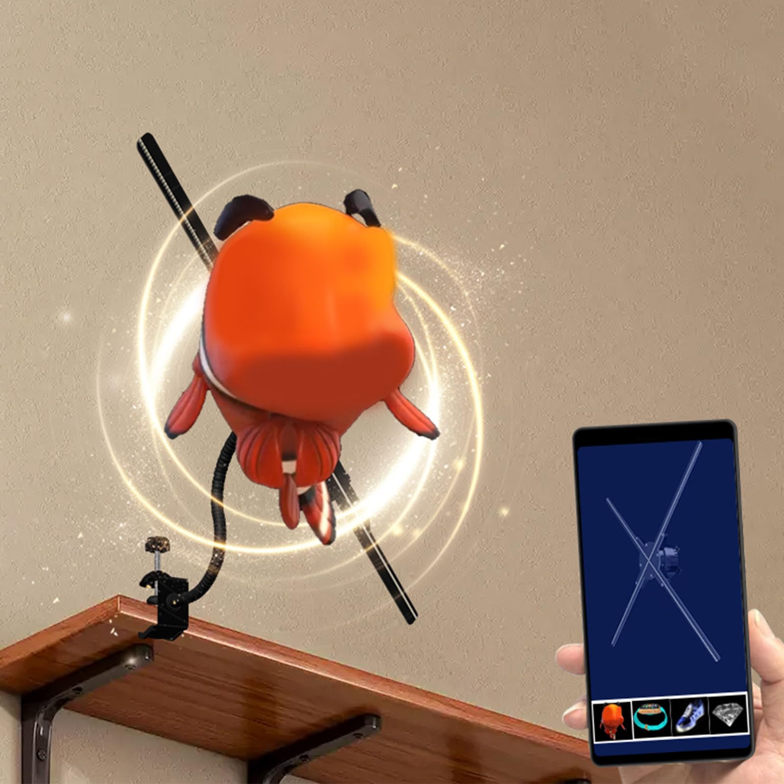 Asixxsix WiFi 16,5 Zoll 3D-Hologramm-Lüfterprojektor mit 224 LED (EU) | Auflösung 2000 X 224, PC-Mobile-App-Steuerung, mit Schreibtischclip, für Business-Store-Display-Events, Messen