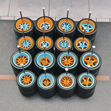 WAVEIST 1/64 Wheels and Tires,Front Small Rear Big, Orange and Blue color for Muscle Cars,Real Rider Series,8 sets a pack. MBK13