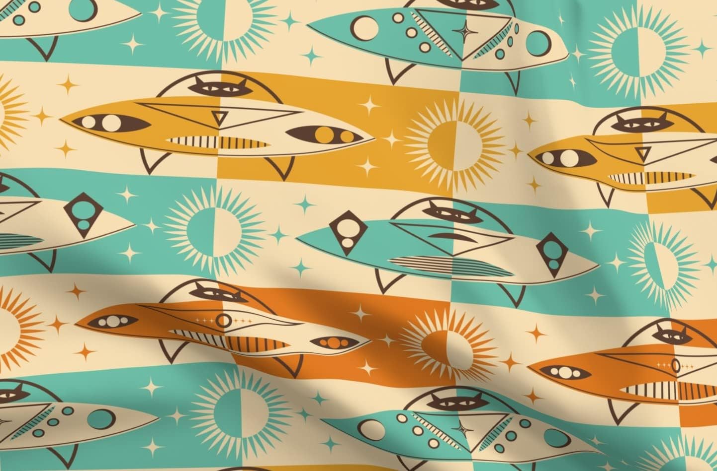 Spoonflower Fabric - Retro Spaceship UFO Cat Black Space Sun MCM Mid Century Exploration Printed on Organic Cotton Sateen Fabric by The Yard - Sewing Quilting Apparel Home Decor