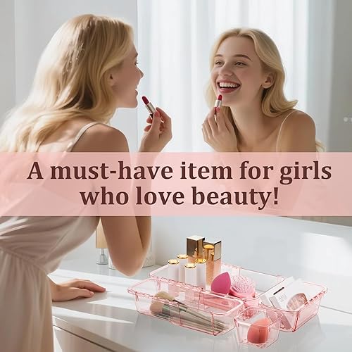 Miniatura 6 de Organizador de cajones transparente ajustable, 14 unidades, cubos de almacenamiento extensibles, juego de organizador de cajones de escritorio para