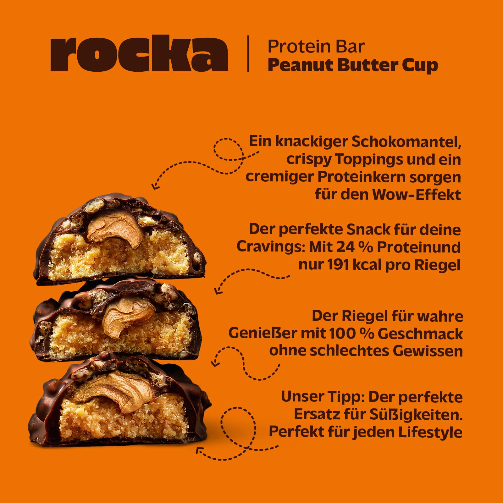 Rocka Nutrition Protein Bar I Veganer Proteinriegel mit 12 g Protein/Riegel I zuckerreduziert I voller Geschmack I 12 x 50g einzeln verpackte No Whey Bars (Peanut Butter Cup)