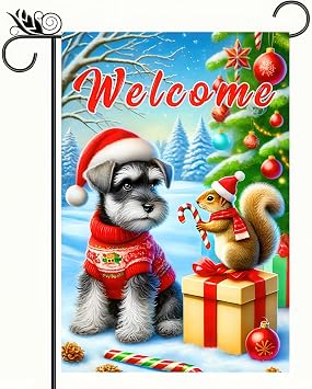 BlissYard Christmas Schnauzer Garden Flag 12x18 Inch Double Sided Welcome Winter Dog and Squirrel Yard Banner Festive Candy Cane Gifts Snow Scene Outdoor Lawn Porch Patio Pathway Seasonal Holiday Home Decoration