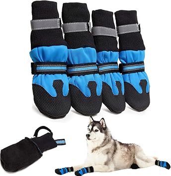 Dog Shoes Waterproof Dog Boots, Reflective Pet Paw Protectors Anti-Slip Booties with Adjustable Strap Rugged Anti-Slip Sole for Medium Large Dogs All Seasons 4PCS