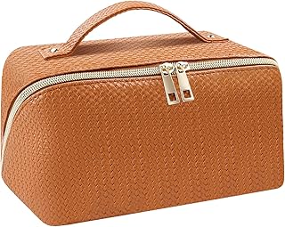 Travel Makeup Bag - Large Capacity Travel Cosmetic Bag for Women, Portable PU Leather Waterproof Travel Toiletry Bag with Handle and Divider Flat Lay Checkered Makeup Organizer Bags (Brown)