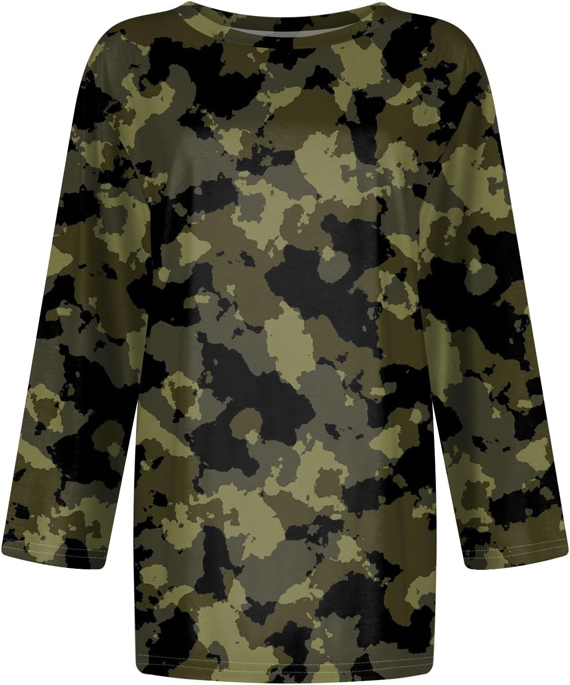 Women's Tops, 3/4 Length Sleeve Tops Crew Neck Casual Tunic Tops Loose Fit Camouflage Printed Basic Shirts, S-3XL