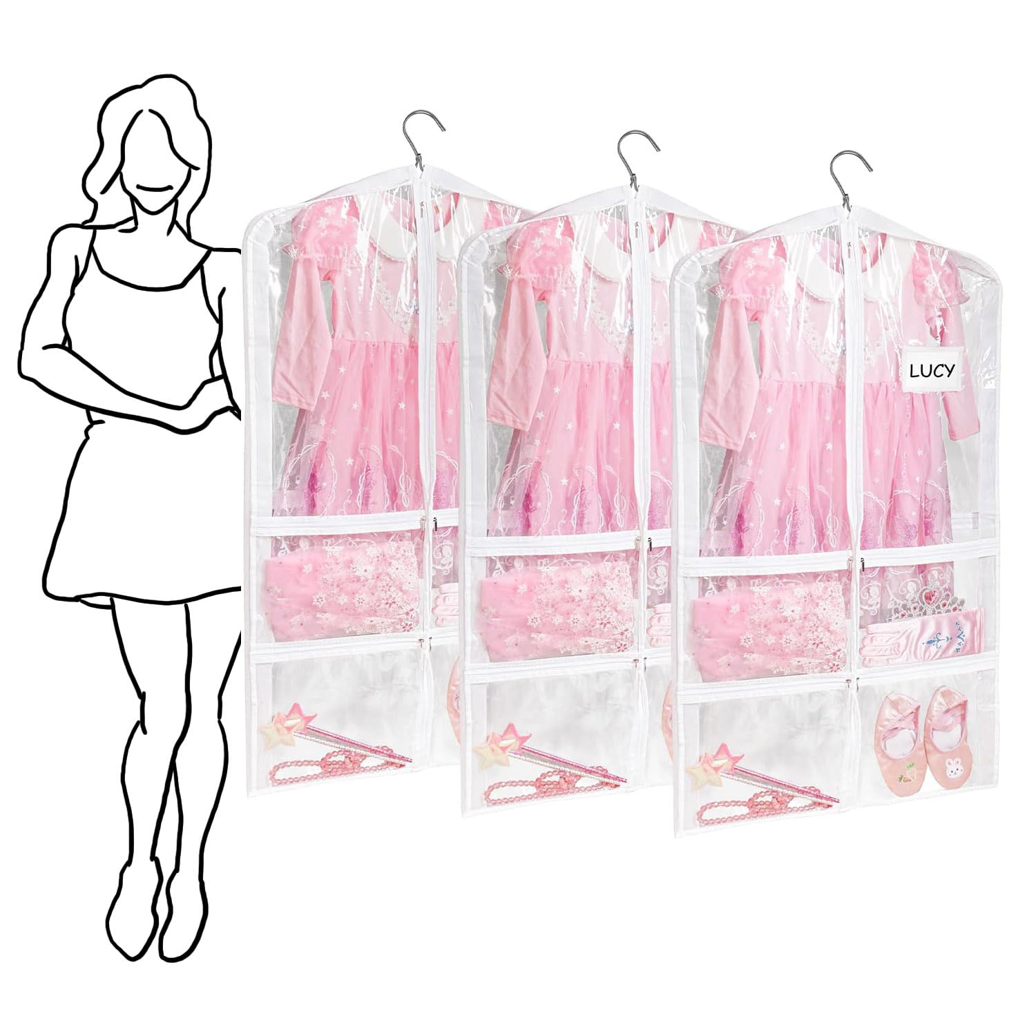 Stepstall PVC Clear Garment Bag 40 Dance Costume Garment Bag for Dance Competitions with 5 Clear Zipper Pockets