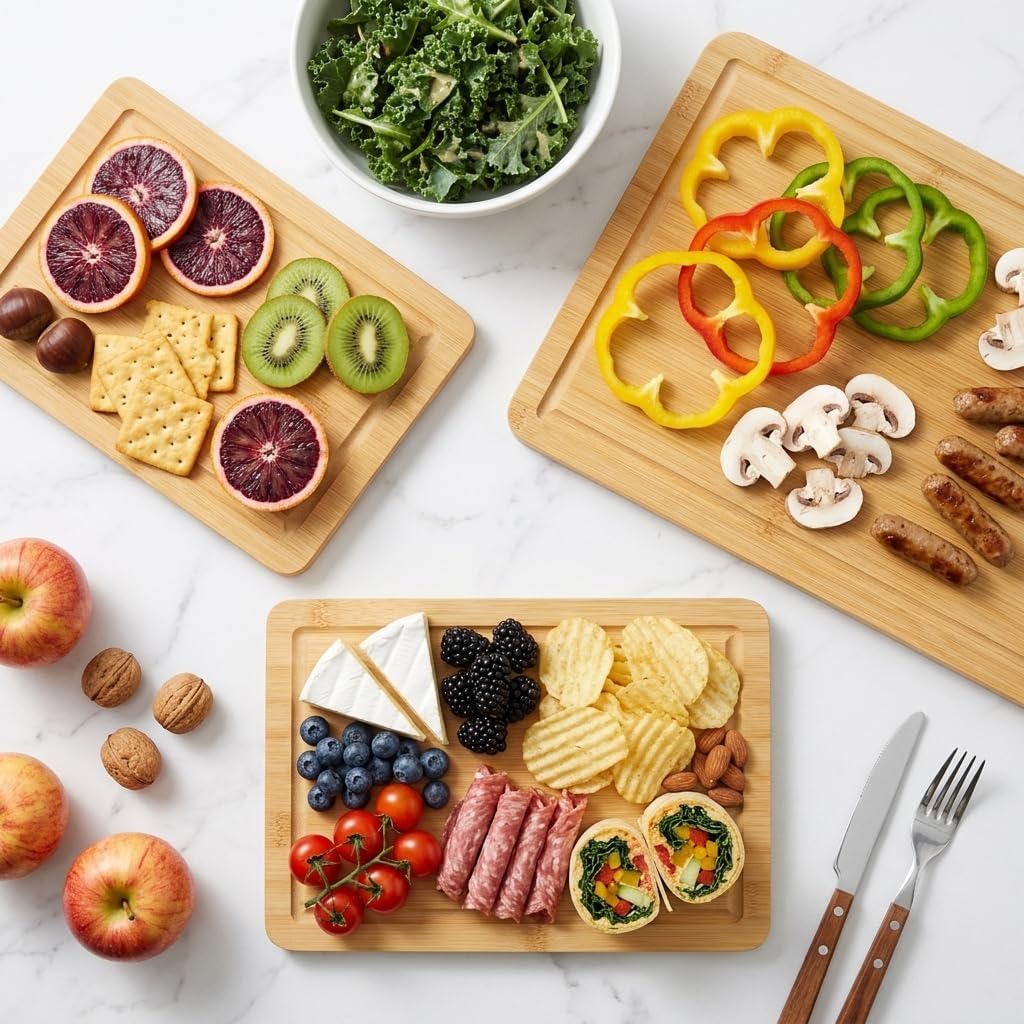 Bamboo Cutting Board Set of 3 with Vertical Stand | Deep Liquid Grooves & Anti-Slip Handles | Heavy Duty Wood Chopping Boards for Kitchen | Natural, Sustainable & Knife-Friendly