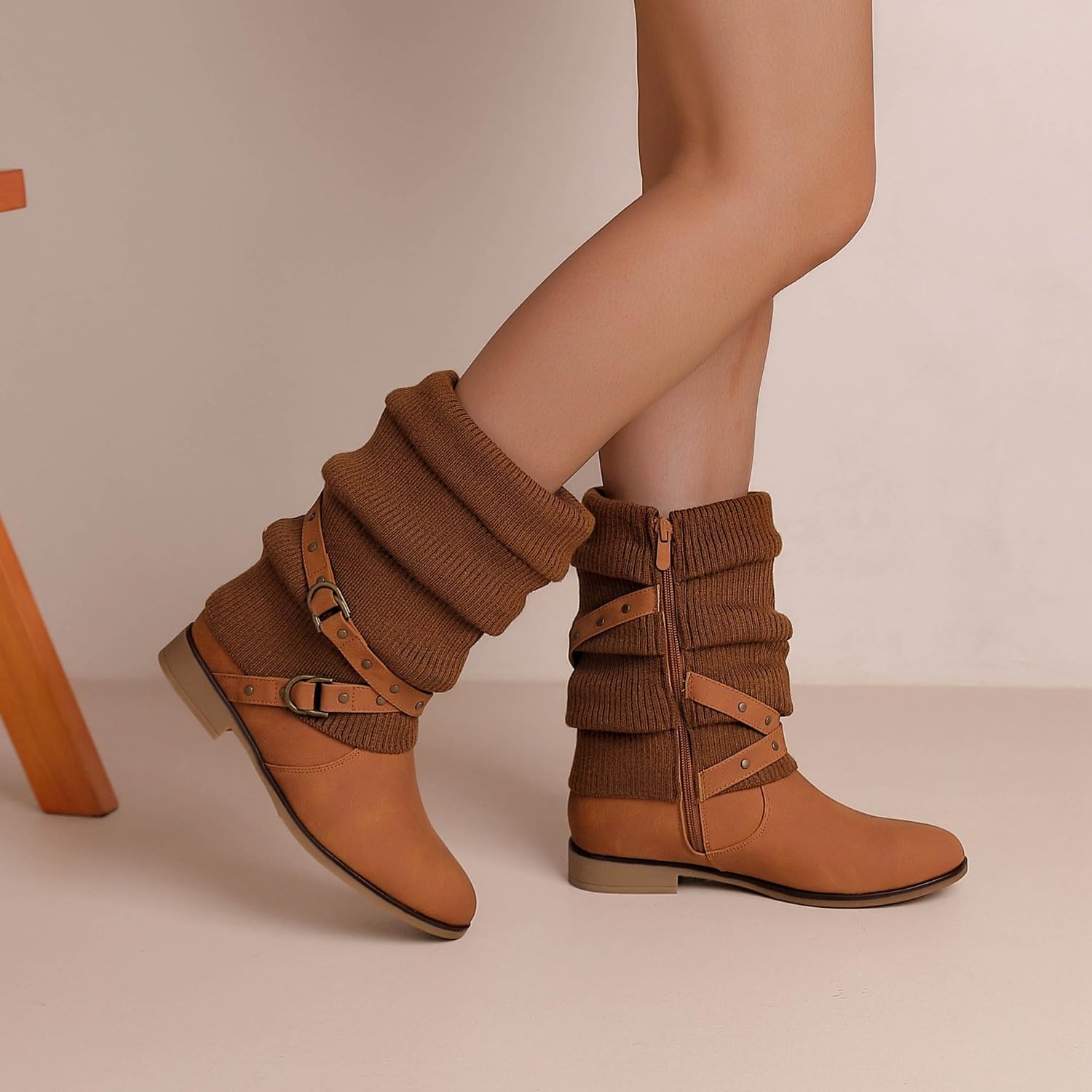 Pogolino Damen Stiefeletten Strick flach Stiefel gefüttert Boots