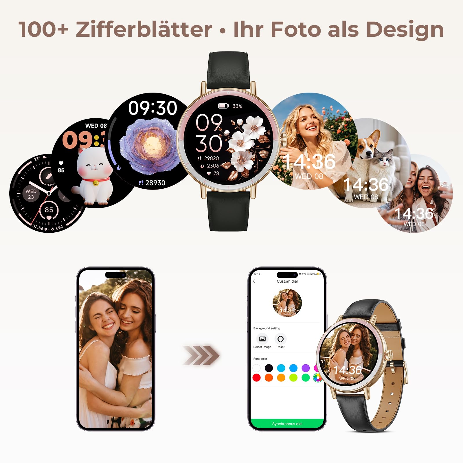 Smartwatch Damen, 1,27 HD Screen Rund Klein Armbanduhr mit Telefonfunktion/Menstruationszyklus/SpO2/Pulsuhr/Schlafmonitor/Schrittzähler/IP68/100+ Sport Fitnessuhr für Android iOS, Gold Schwarz
