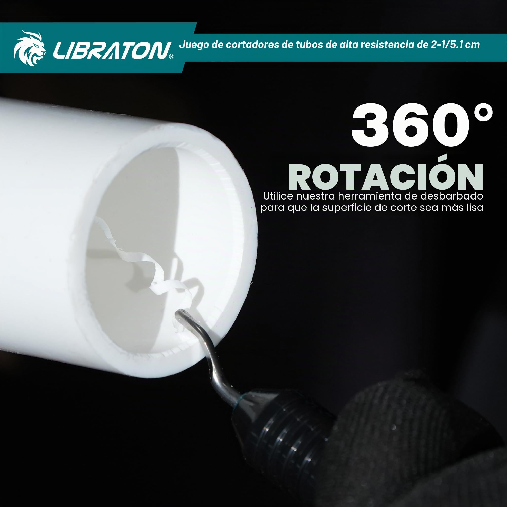 Libraton Cortatubos PVC, Cortatubos Plástico 63mm, Cortatubos con Trinquete, Cuchilla Intercambiable y Herramienta Desbarbadora, para Tubos PEX, PVC, PPR, Mangueras y Tuberías Sanitarias