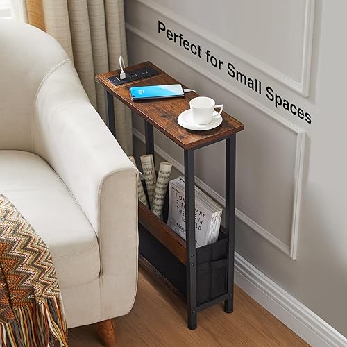 Miniatura 5 de Mesa auxiliar estrecha con estación de carga y cajón de almacenamiento, mesa auxiliar pequeña para espacios pequeños, mesa auxiliar delgada con