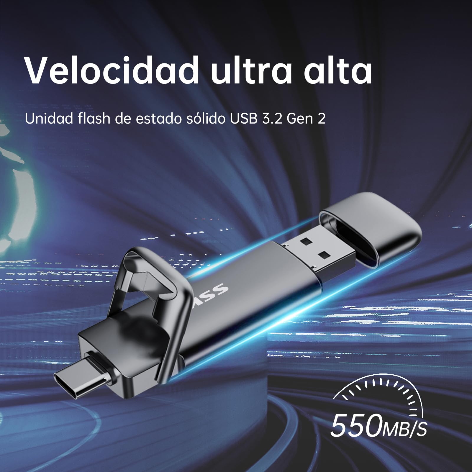 SSK SSD Pendrive 128 GB ，Memoria USB Flash hasta 550 MB/s, Dual Drive usb3.2 Gen 2 Tipo c + a OTG Metal Pen Drive，Disco Duro Externo SSD para Smartphones Android, Pc, Tabletas,Macs
