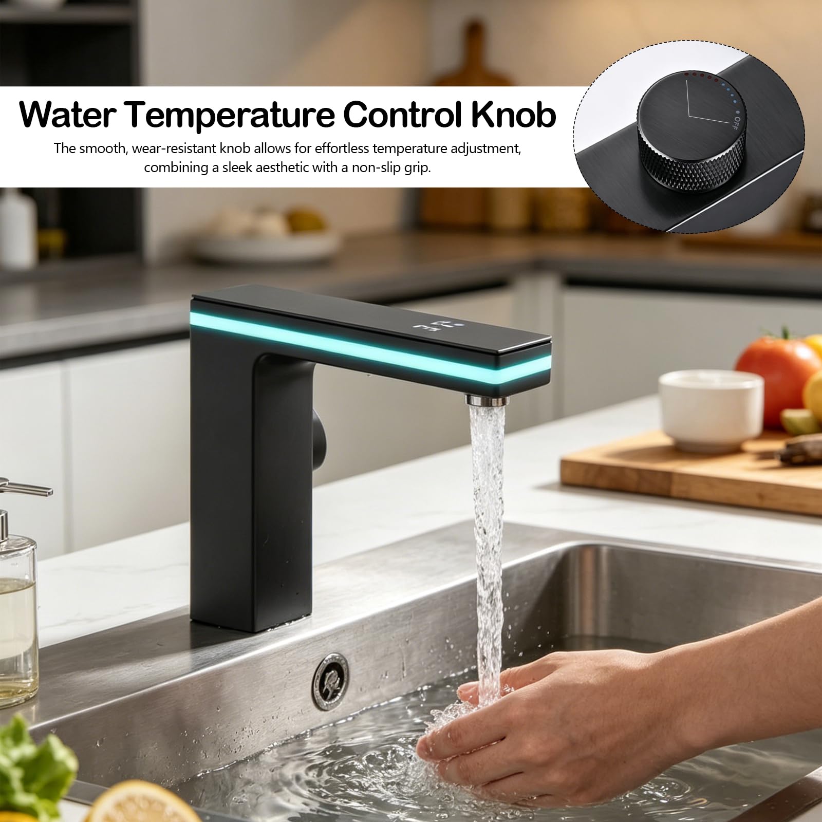 Mischbatterie Wasserhahn Badezimmer, Wasserhahn Bad Schwarz mit LED-Temperaturanzeige Digitalanzeige Waschtischarmatur aus Messing Einhebelmischer Wasserfall Waschtischarmaturen für Küche