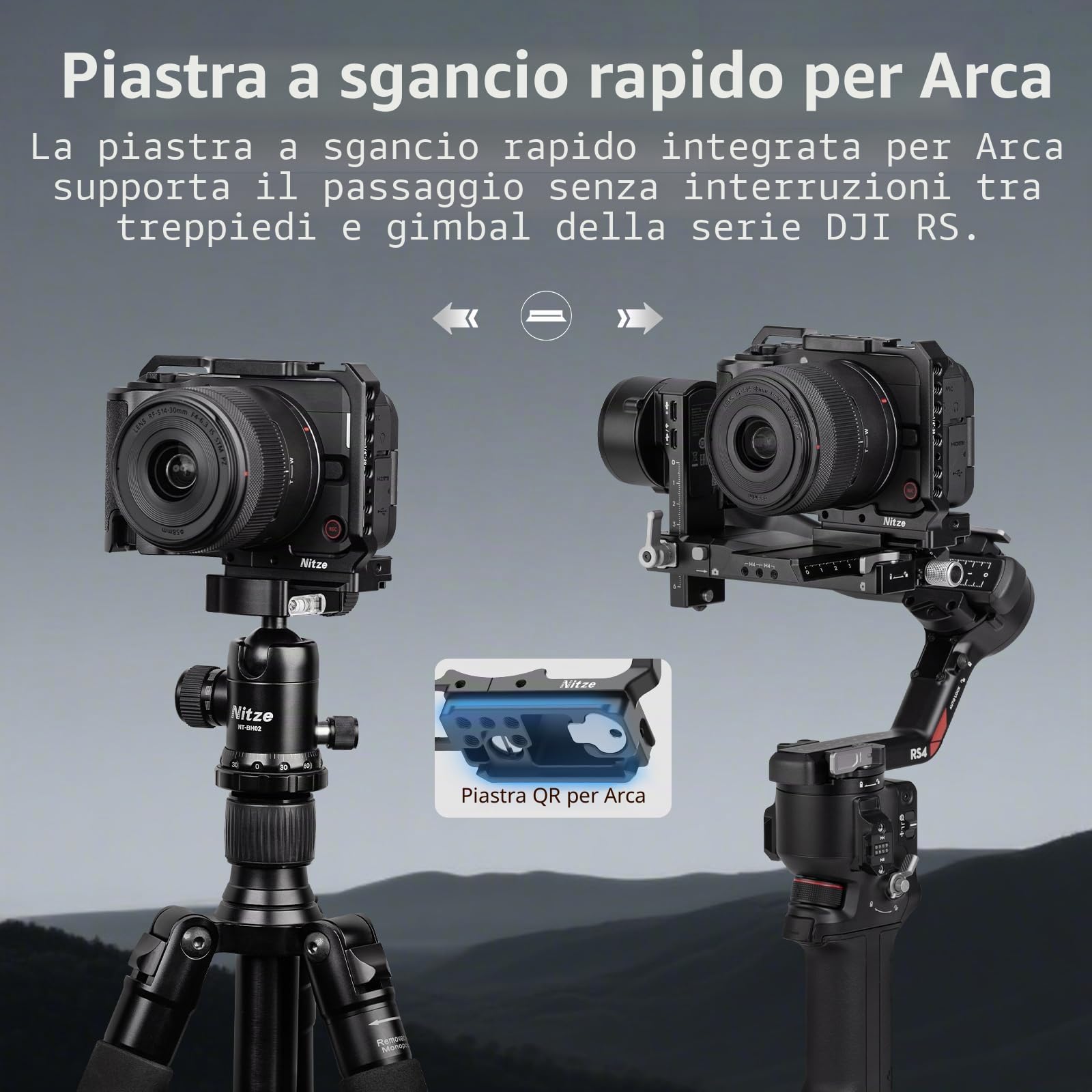 Nitze R50V Gabbia per Canon R50 V, Cage con Adattatore per Slitta a Contatto Freddo e Impugnatura Ergonomica in Silicone Integrata, Sgancio Rapido per Arca, Supporta le Riprese Verticali - T-C07A