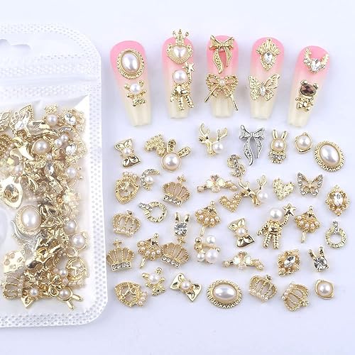 Miniatura 4 de Dornail 50 dijes dorados para uñas acrílicas, estilos mixtos, diamantes de imitación brillantes de aleación de perlas para uñas, flores, mariposa,