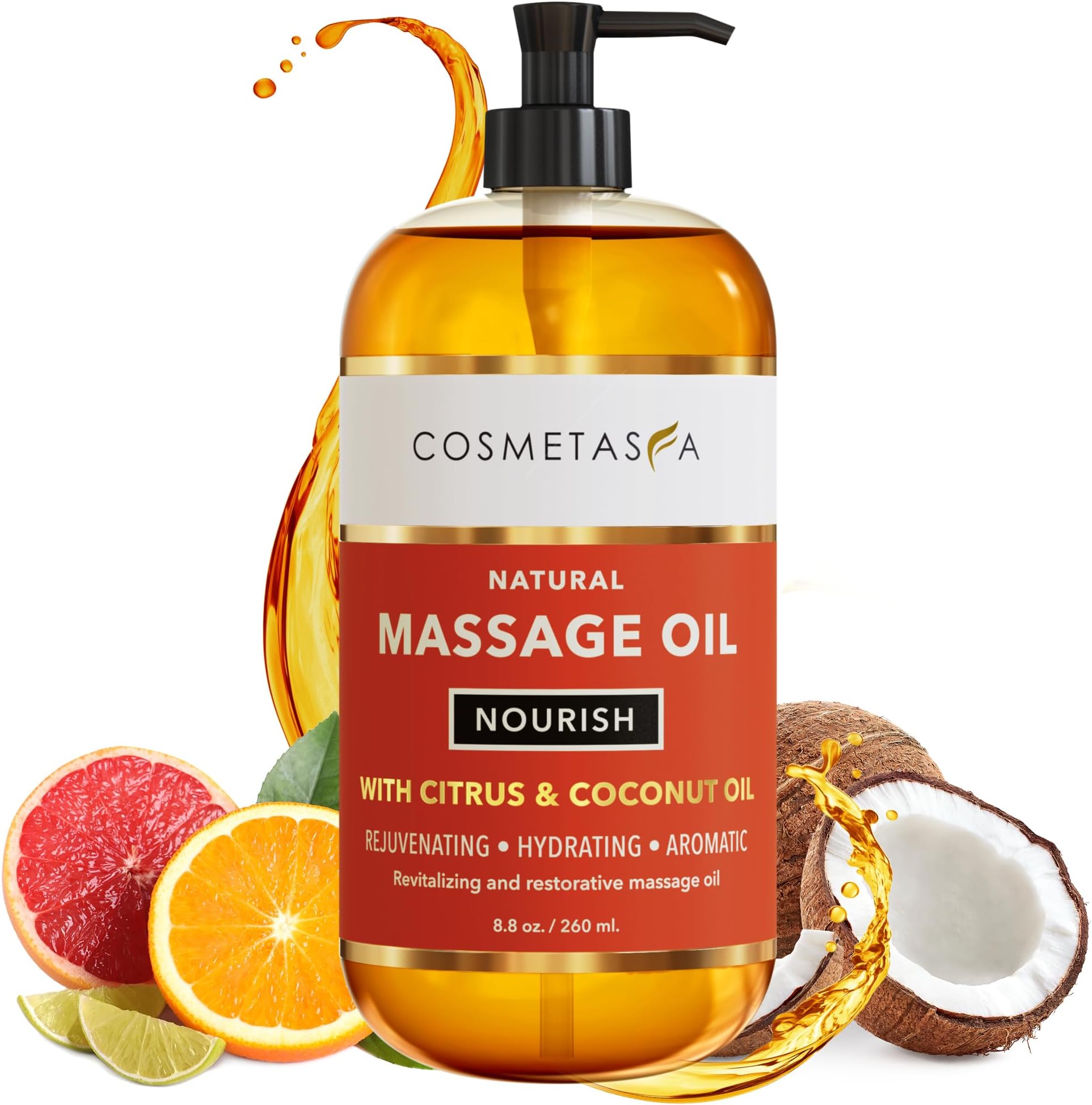 Natural Nourishing Coconut & Citrus Massage Oil- Smooth Glide, Non Greasy Therapeutic Massage Oils with Rejuvenating, Hydrating & Aromatic Essential Oils for Dry Skin, Soothes Muscle & Joints 8.8 oz