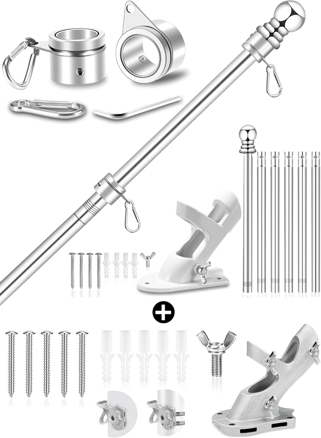 1" Flag Pole Holder and 7FT Silver Metal Flagpole Kit(1“ Flag Pole and 2-Position Bracket and 360° Rotating Flag Pole Rings)